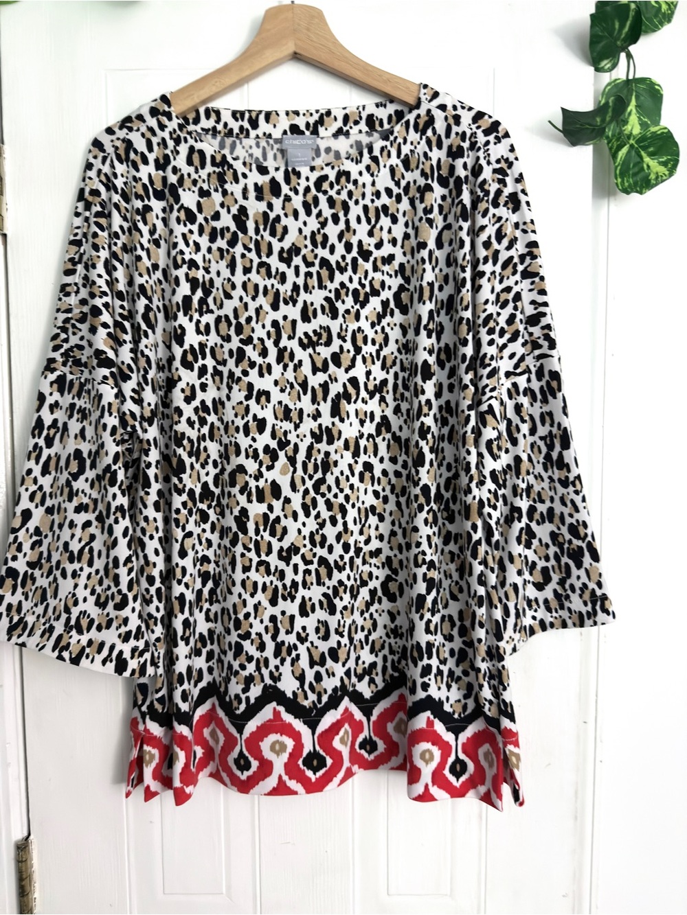 Chico's Leopard Print Tunic with Red Border Accents L
